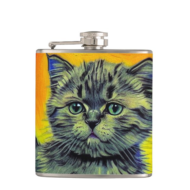 Van Gogh Style Cat Sunset Beach Hip Flask (Front)
