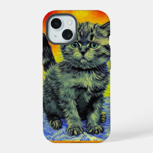 Van Gogh Style Cat Sunset Beach iPhone 15 Case