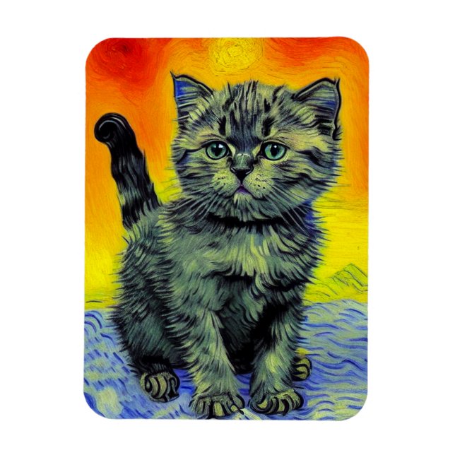 Van Gogh Style Cat Sunset Beach Magnet (Vertical)