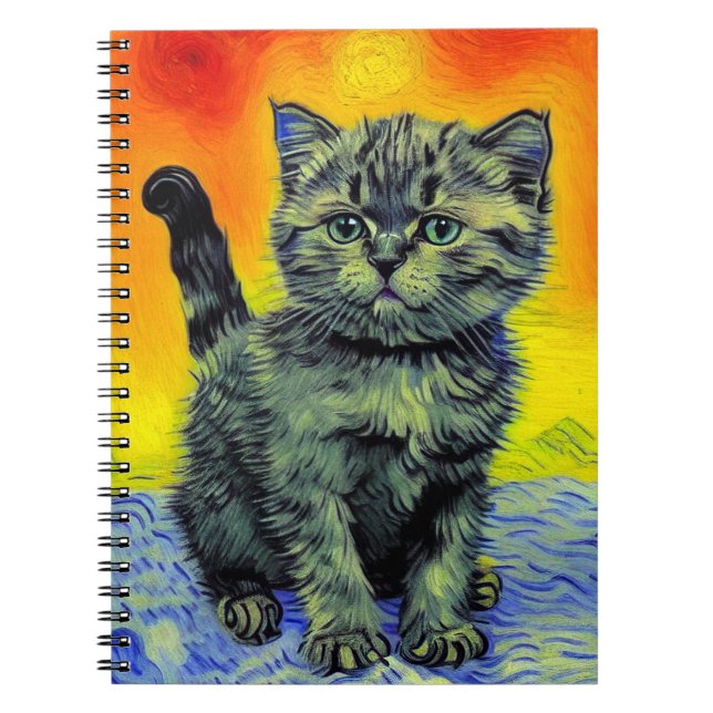 Van Gogh Style Cat Sunset Beach Notebook (Front)