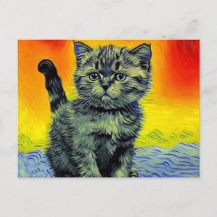 Van Gogh Style Cat Sunset Beach Postcard