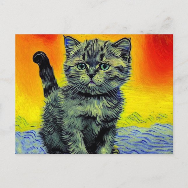 Van Gogh Style Cat Sunset Beach Postcard (Front)