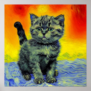 Van Gogh Style Cat Sunset Beach Poster