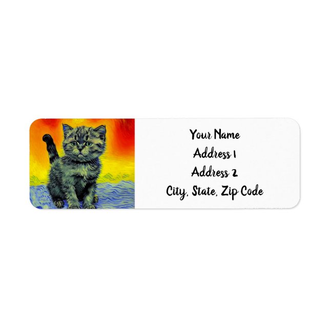 Van Gogh Style Cat Sunset Beach Return Address Label (Front)