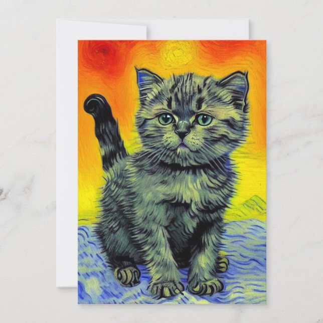 Van Gogh Style Cat Sunset Beach Save The Date (Front)