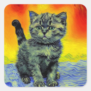 Van Gogh Style Cat Sunset Beach Square Sticker