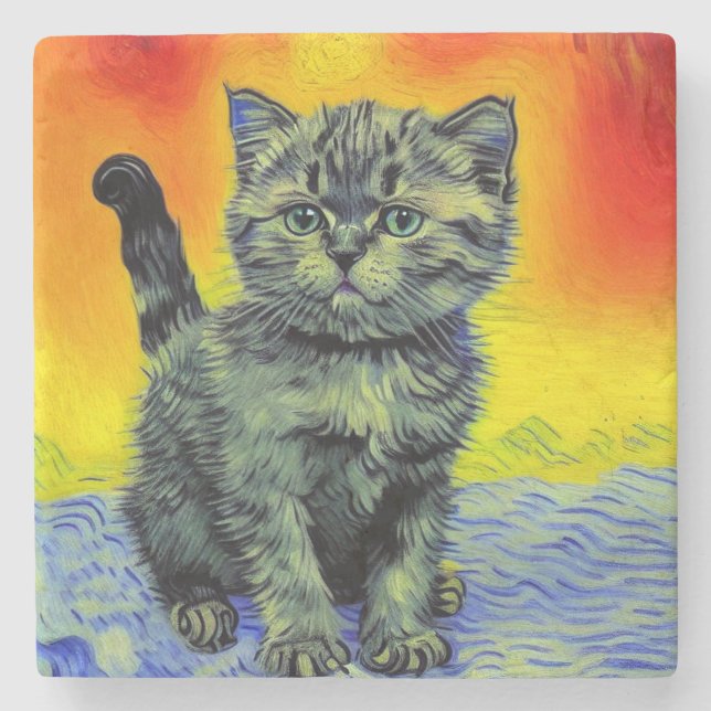 Van Gogh Style Cat Sunset Beach Stone Coaster (Front)