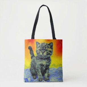 Van Gogh Style Cat Sunset Beach Tote Bag