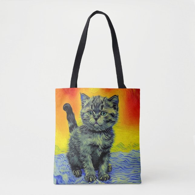 Van Gogh Style Cat Sunset Beach Tote Bag (Front)