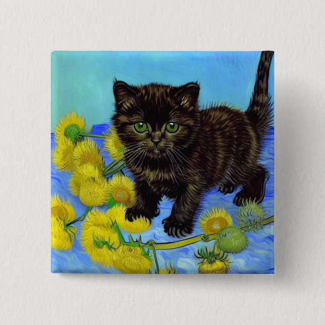 Van Gogh Style Cat with Sunflowers 15 Cm Square Badge (Front)