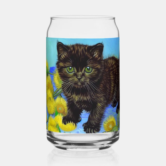 Van Gogh Style Cat with Sunflowers Can Glass (Front)