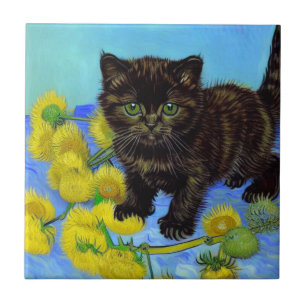 Van Gogh Style Cat with Sunflowers Ceramic Tile