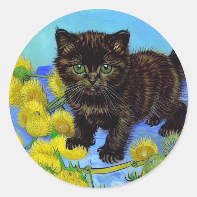 Van Gogh Style Cat with Sunflowers Classic Round Sticker (Front)