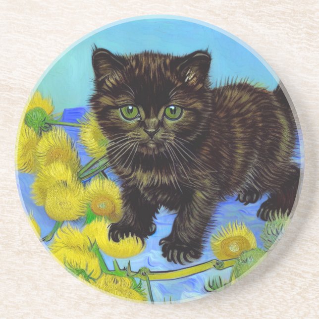Van Gogh Style Cat with Sunflowers Coaster (Front)