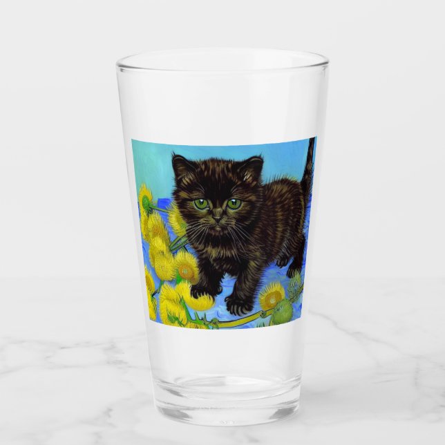 Van Gogh Style Cat with Sunflowers Glass (Front)