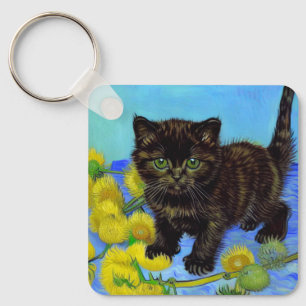 Van Gogh Style Cat with Sunflowers Key Ring
