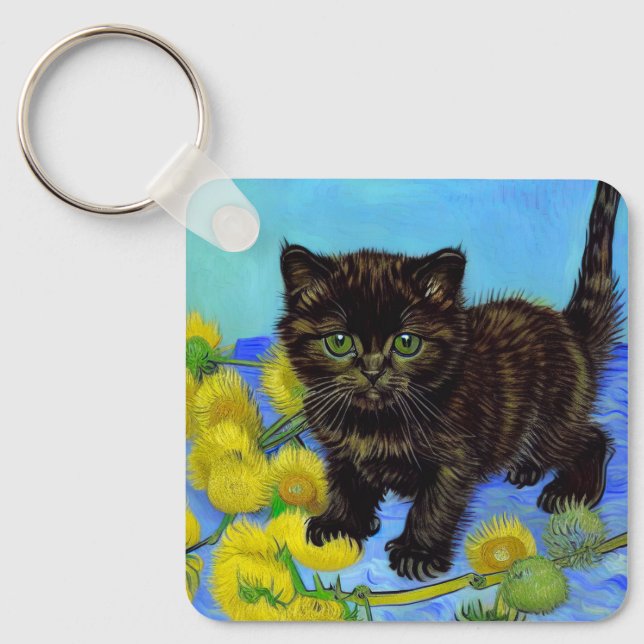 Van Gogh Style Cat with Sunflowers Key Ring (Front)