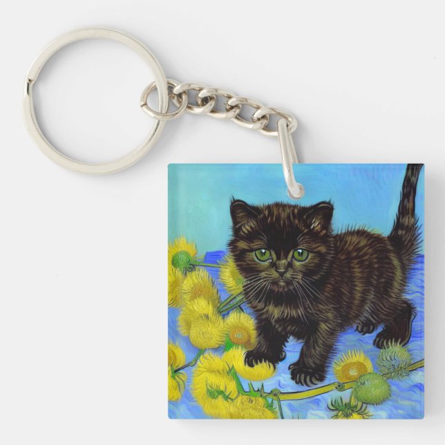 Van Gogh Style Cat with Sunflowers Key Ring (Front)