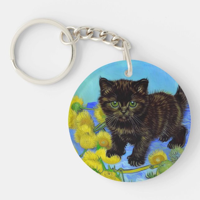 Van Gogh Style Cat with Sunflowers Key Ring (Front)