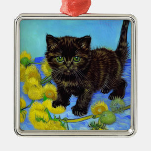 Van Gogh Style Cat with Sunflowers Metal Ornament