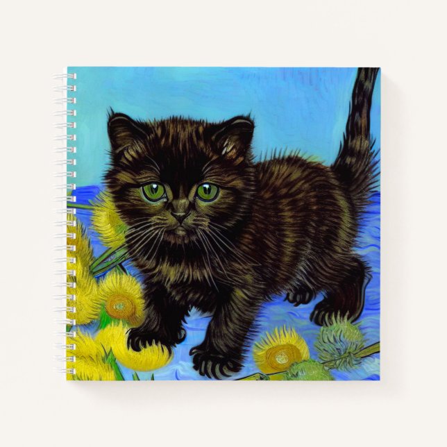 Van Gogh Style Cat with Sunflowers Notebook (Front)