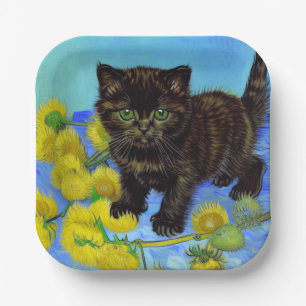 Van Gogh Style Cat with Sunflowers Paper Plate