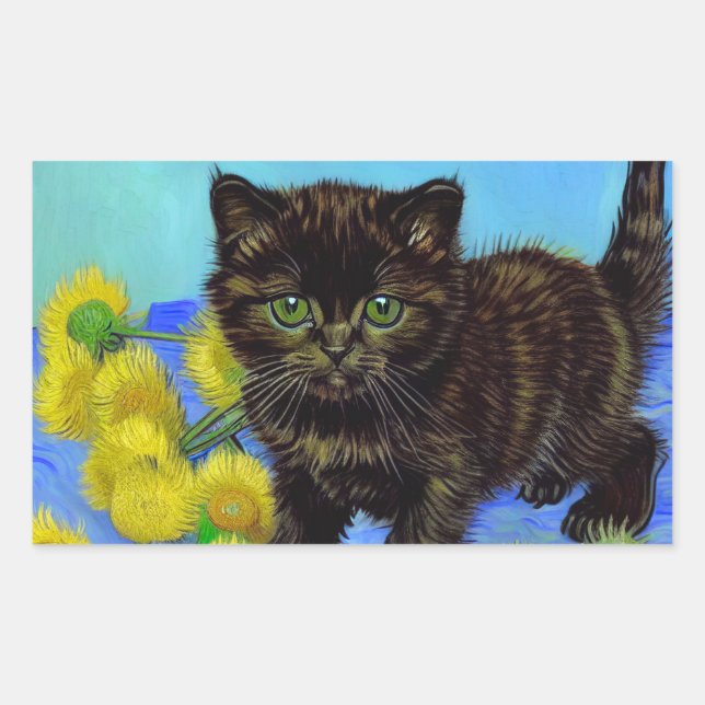 Van Gogh Style Cat with Sunflowers Rectangular Sticker (Front)