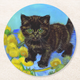 Van Gogh Style Cat with Sunflowers Round Paper Coaster