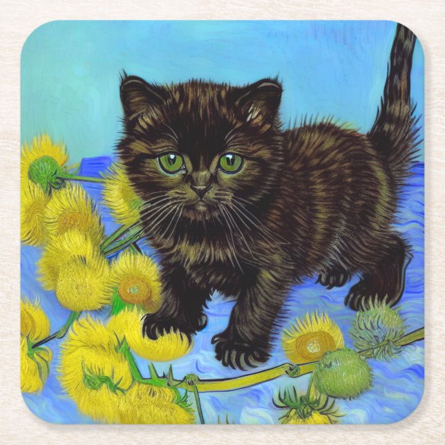 Van Gogh Style Cat with Sunflowers Square Paper Coaster (Front)