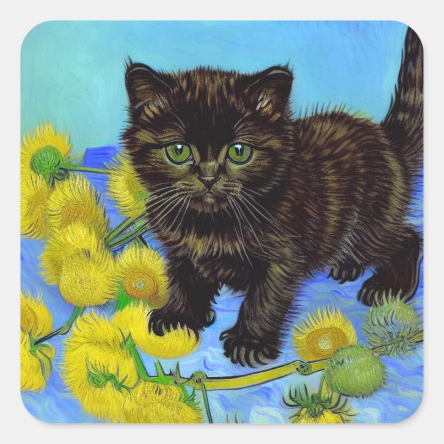 Van Gogh Style Cat with Sunflowers Square Sticker (Front)