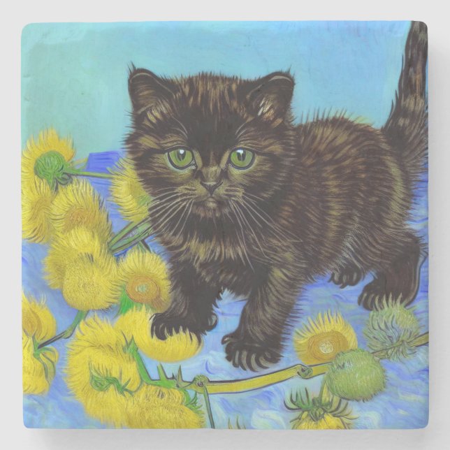 Van Gogh Style Cat with Sunflowers Stone Coaster (Front)