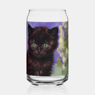 Van Gogh Style Cat with White Flowers Can Glass