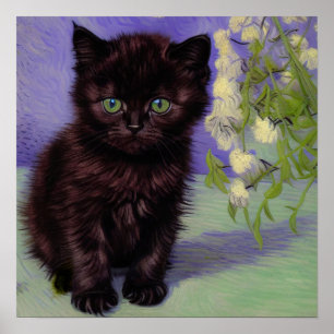 Van Gogh Style Cat with White Flowers Poster