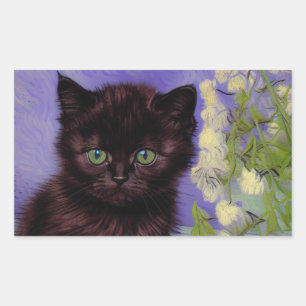 Van Gogh Style Cat with White Flowers Rectangular Sticker
