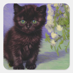 Van Gogh Style Cat with White Flowers Square Sticker