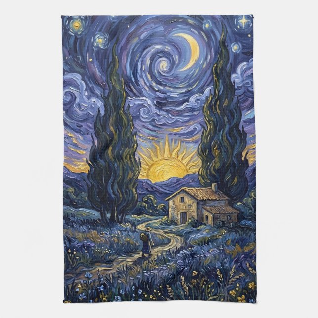 Van Gogh Style Cypress Dusk Midnight Moon Tea Towel (Vertical)