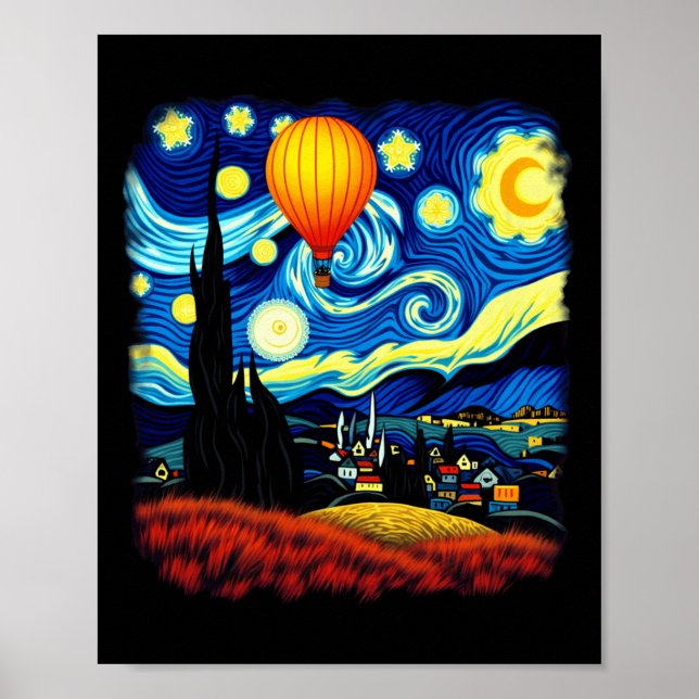 Van Gogh Style Hot Air Balloon Starry Night Long S Poster (Front)