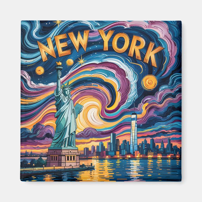 Van Gogh Style New York Skyline & Liberty Travel Magnet (Front)