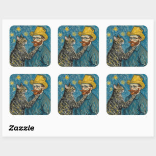 Van Gogh Style Portrait with Cat Square Sticker