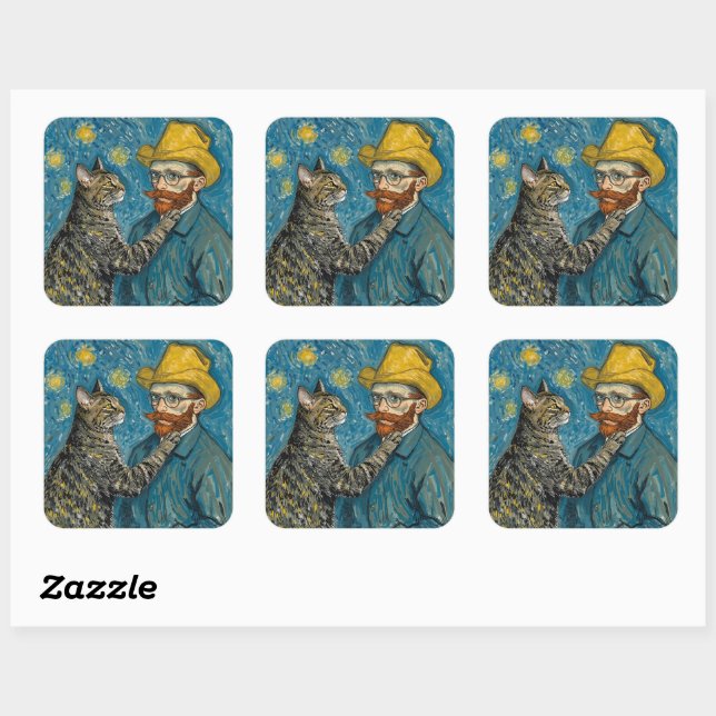 Van Gogh Style Portrait with Cat Square Sticker (Sheet)