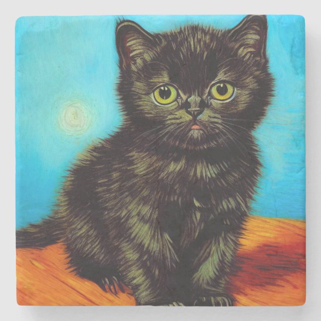 Van Gogh Style Pouting Kitten Stone Coaster (Front)