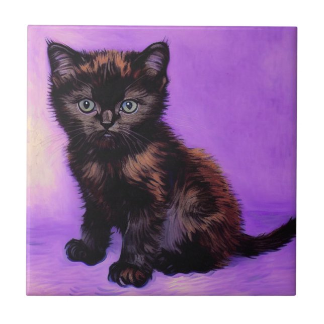 Van Gogh Style Purple Cat Ceramic Tile (Front)