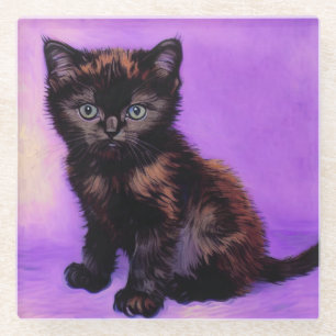 Van Gogh Style Purple Cat Glass Coaster