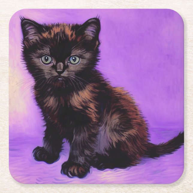 Van Gogh Style Purple Cat Square Paper Coaster (Front)