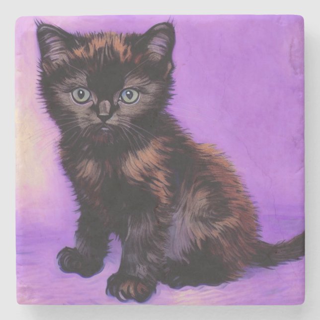 Van Gogh Style Purple Cat Stone Coaster (Front)