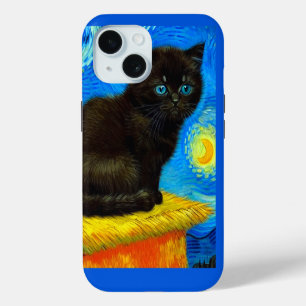 Van Gogh Style Starry Night Cat iPhone 15 Case