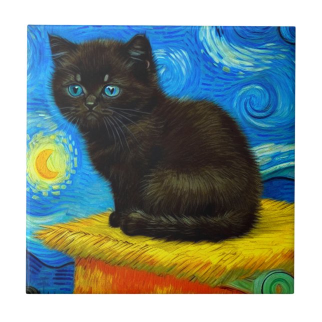 Van Gogh Style Starry Night Cat Ceramic Tile (Front)