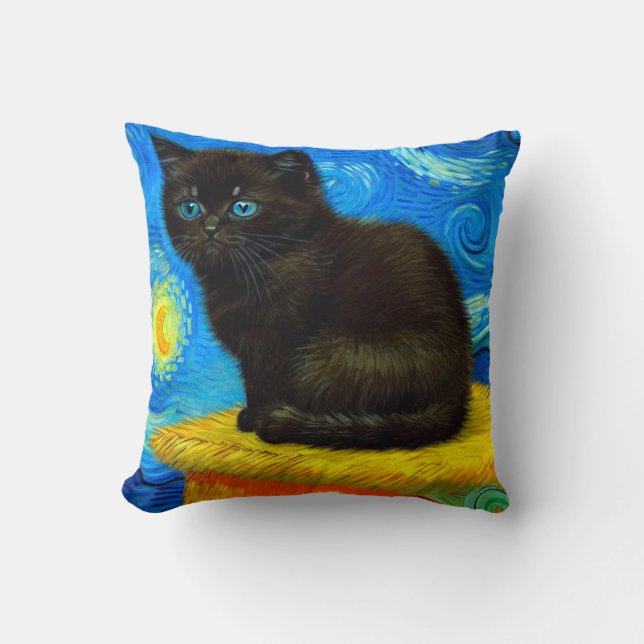 Van Gogh Style Starry Night Cat Cushion (Front)