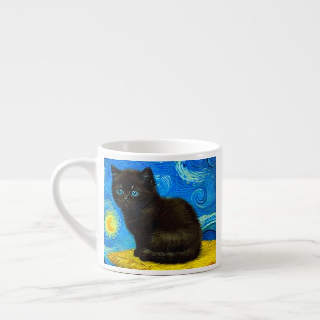 Van Gogh Style Starry Night Cat Espresso Cup (Left)