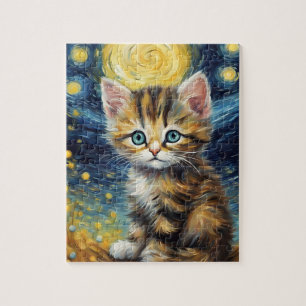 Van Gogh Style Starry Night Cat Jigsaw Puzzle
